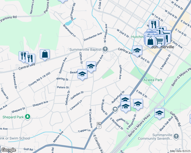 map of restaurants, bars, coffee shops, grocery stores, and more near 407 West Carolina Avenue in Summerville