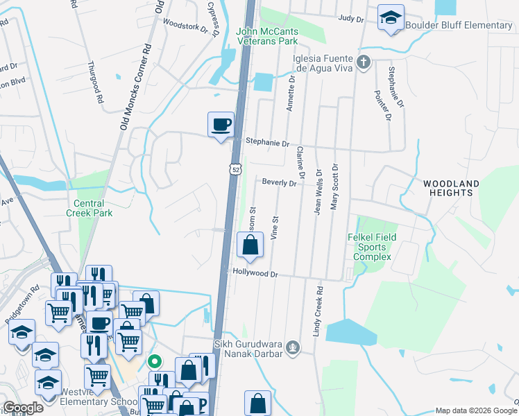 map of restaurants, bars, coffee shops, grocery stores, and more near 231 Vine Street in Goose Creek