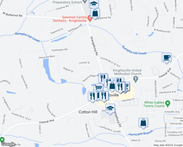 map of restaurants, bars, coffee shops, grocery stores, and more near 128 Hickory Ridge Way in Summerville