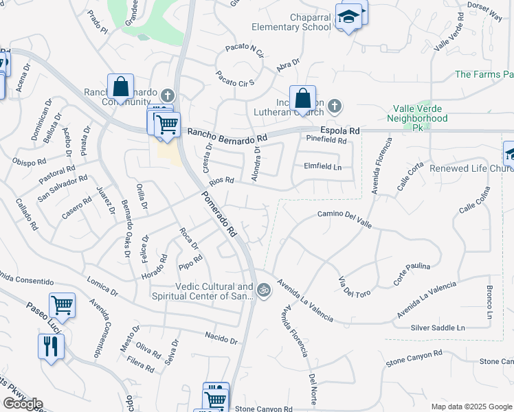 map of restaurants, bars, coffee shops, grocery stores, and more near 16533 Caminito Vecinos in San Diego