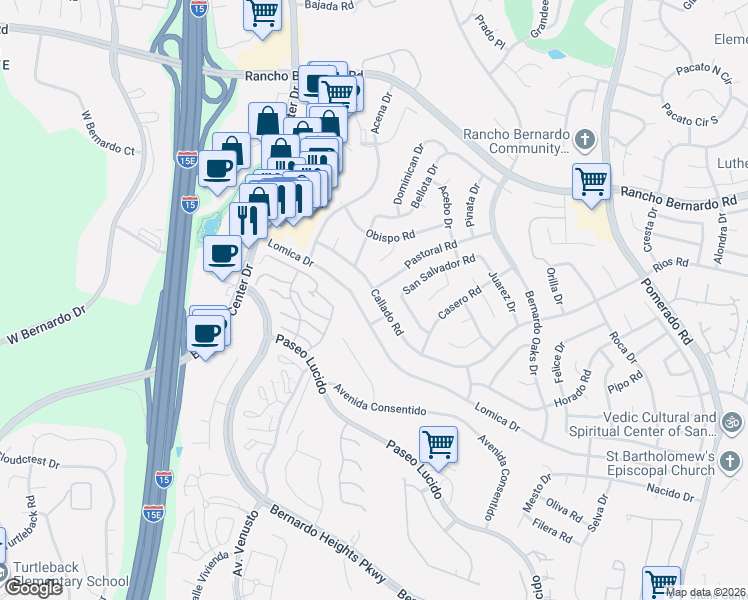 map of restaurants, bars, coffee shops, grocery stores, and more near 12066 Callado Road in San Diego