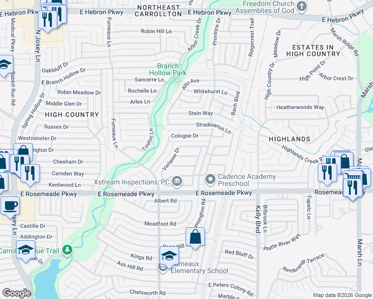 map of restaurants, bars, coffee shops, grocery stores, and more near 2017 Verlaine Drive in Carrollton