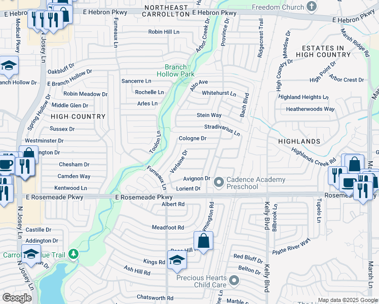 map of restaurants, bars, coffee shops, grocery stores, and more near 3745 Verlaine Drive in Carrollton