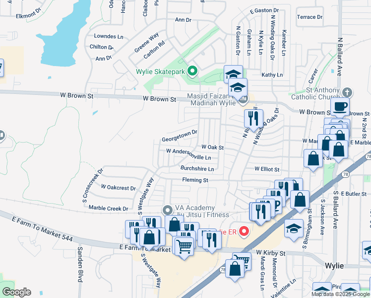 map of restaurants, bars, coffee shops, grocery stores, and more near 706 Andersonville Lane in Wylie