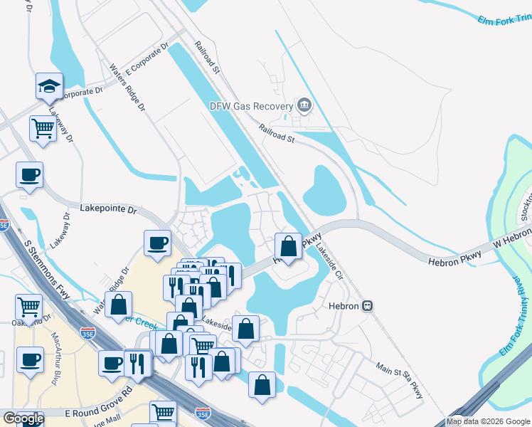 map of restaurants, bars, coffee shops, grocery stores, and more near 801 Hebron Parkway in Lewisville