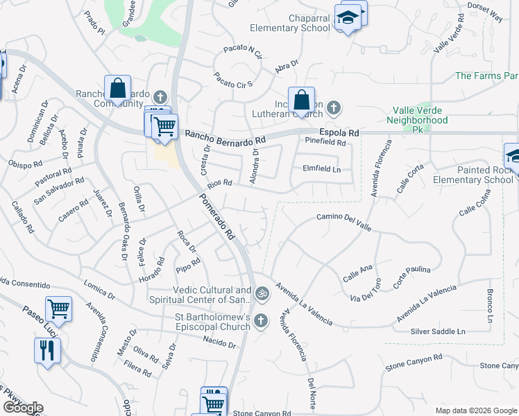 map of restaurants, bars, coffee shops, grocery stores, and more near 16511 Caminito Vecinos in San Diego