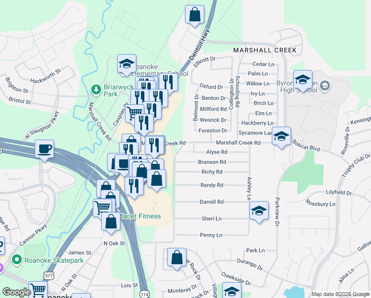 map of restaurants, bars, coffee shops, grocery stores, and more near 304 Alyse Road in Roanoke