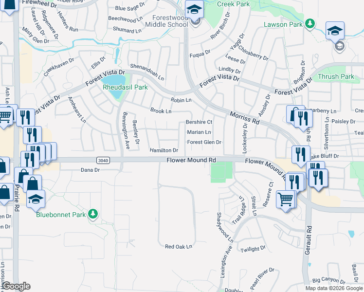 map of restaurants, bars, coffee shops, grocery stores, and more near 2108 Bershire Drive in Flower Mound