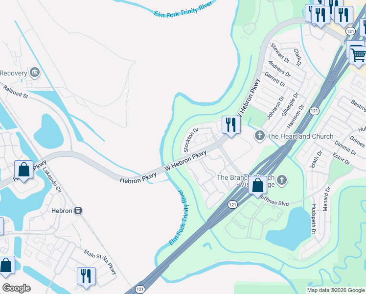map of restaurants, bars, coffee shops, grocery stores, and more near 3621 Stockton Drive in Carrollton