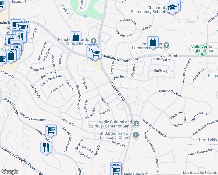 map of restaurants, bars, coffee shops, grocery stores, and more near 12525 Rios Road in San Diego