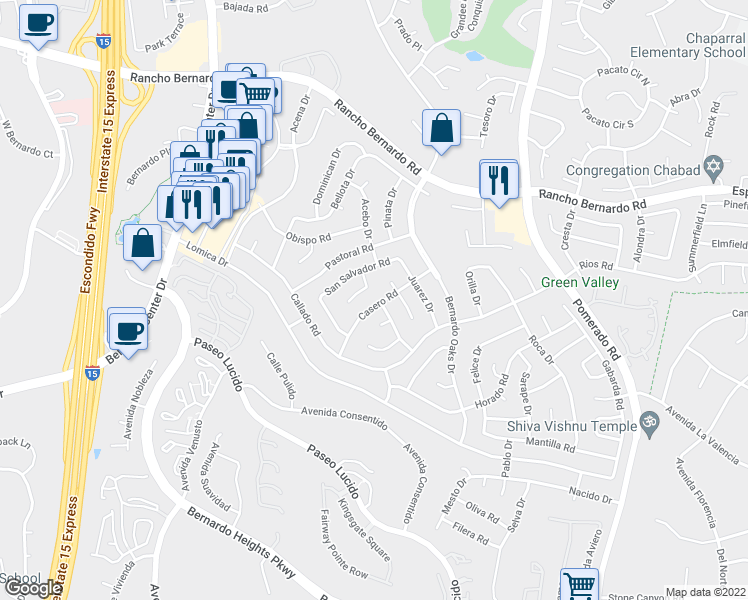 map of restaurants, bars, coffee shops, grocery stores, and more near 16598 Casero Rd in San Diego