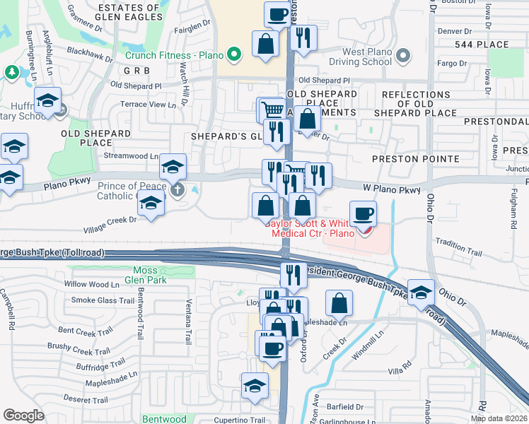 map of restaurants, bars, coffee shops, grocery stores, and more near 1025 Preston Road in Plano