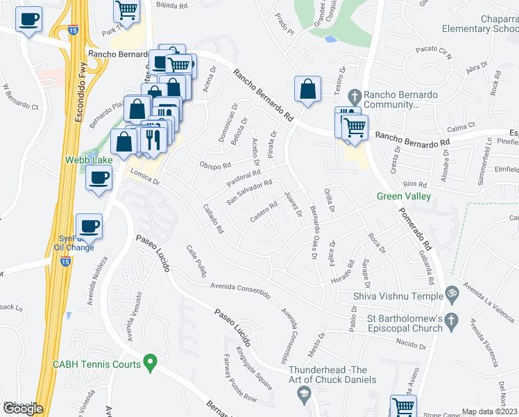 map of restaurants, bars, coffee shops, grocery stores, and more near 16598 Casero Rd in San Diego