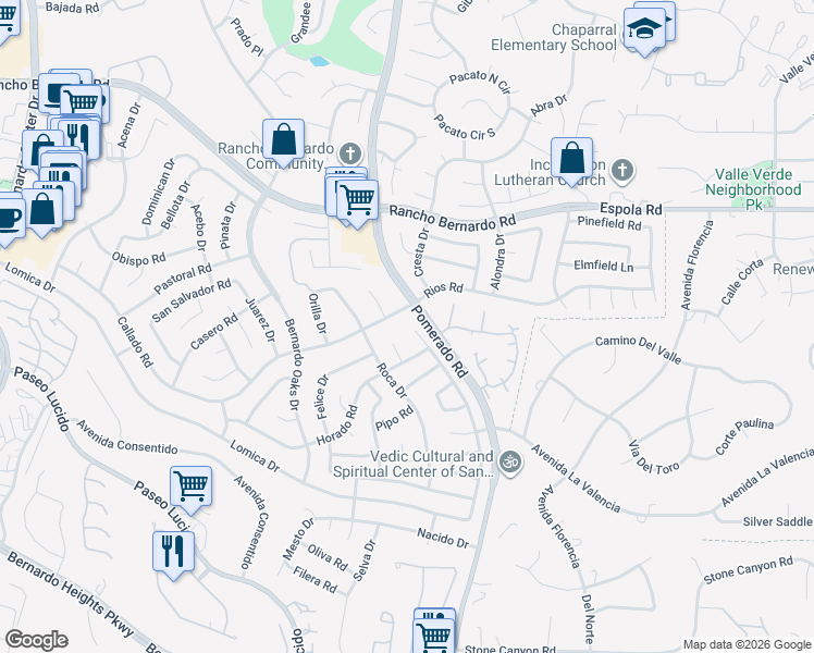 map of restaurants, bars, coffee shops, grocery stores, and more near 16556 Gabarda Road in San Diego