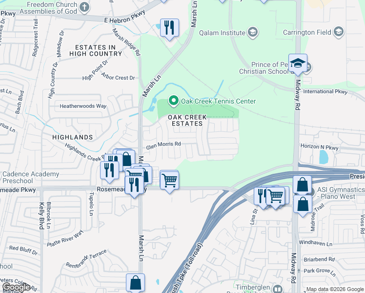 map of restaurants, bars, coffee shops, grocery stores, and more near 3711 Poplar Court in Carrollton