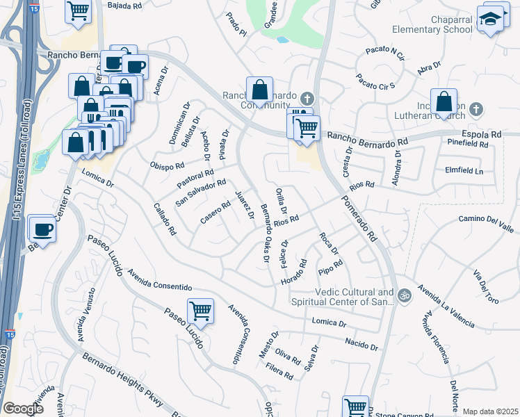 map of restaurants, bars, coffee shops, grocery stores, and more near 16634 Bernardo Oaks Drive in San Diego