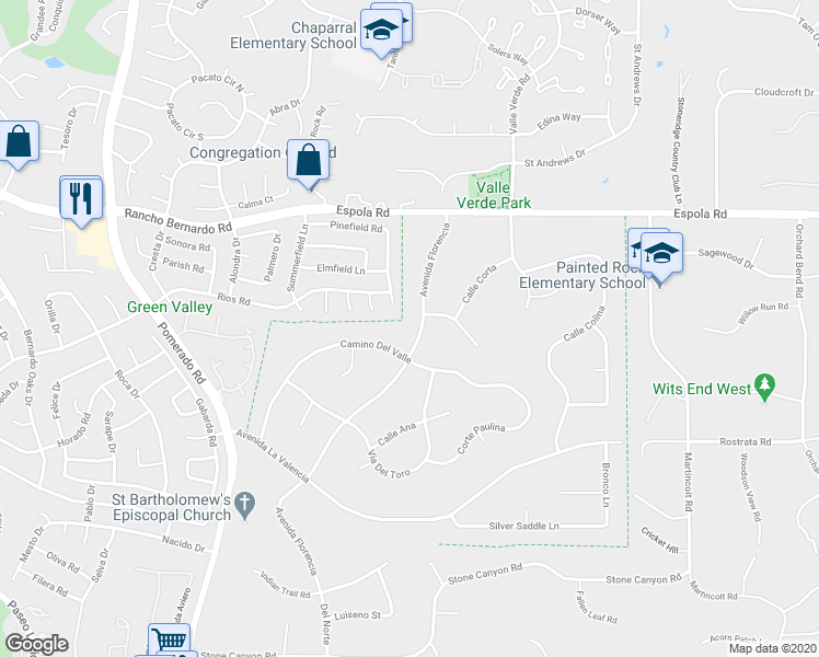 map of restaurants, bars, coffee shops, grocery stores, and more near 16630 Avenida Florencia in Poway