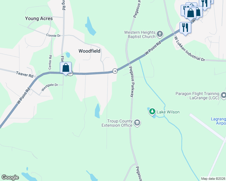 map of restaurants, bars, coffee shops, grocery stores, and more near 73 Bradfield Drive in LaGrange