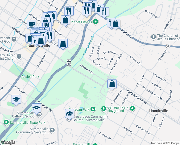 map of restaurants, bars, coffee shops, grocery stores, and more near 224 Challedon Drive in Summerville