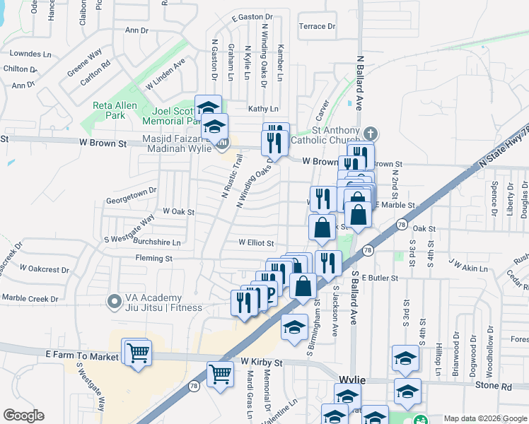 map of restaurants, bars, coffee shops, grocery stores, and more near 409 West Marble Street in Wylie