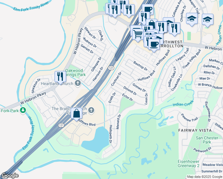 map of restaurants, bars, coffee shops, grocery stores, and more near 3832 Cochran Drive in Carrollton