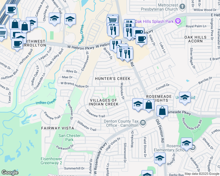 map of restaurants, bars, coffee shops, grocery stores, and more near 3800 Branch Hollow Place in Carrollton