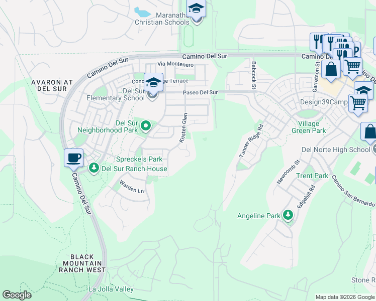 map of restaurants, bars, coffee shops, grocery stores, and more near 8522 Kristen View Court in San Diego