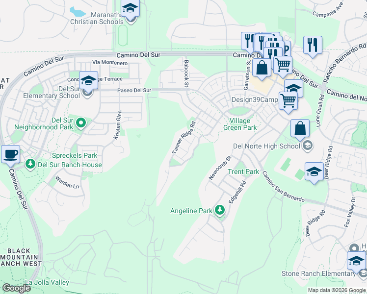 map of restaurants, bars, coffee shops, grocery stores, and more near 15713 Tanner Ridge Road in San Diego