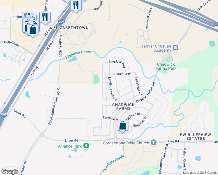map of restaurants, bars, coffee shops, grocery stores, and more near 15644 Landing Creek Lane in Roanoke