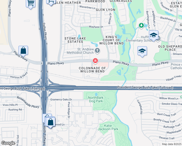 map of restaurants, bars, coffee shops, grocery stores, and more near 1100 Meredith Lane in Plano