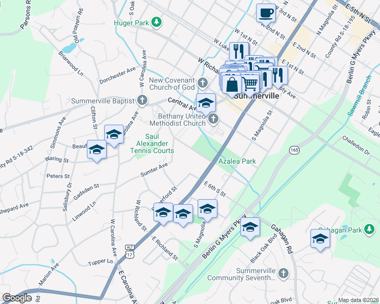 map of restaurants, bars, coffee shops, grocery stores, and more near 114B West 5th South Street in Summerville