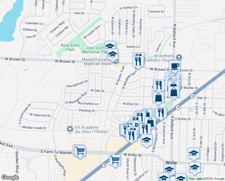map of restaurants, bars, coffee shops, grocery stores, and more near 500 West Oak Street in Wylie