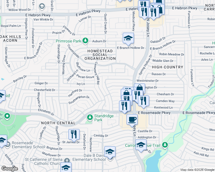map of restaurants, bars, coffee shops, grocery stores, and more near 1801 Kensington Drive in Carrollton