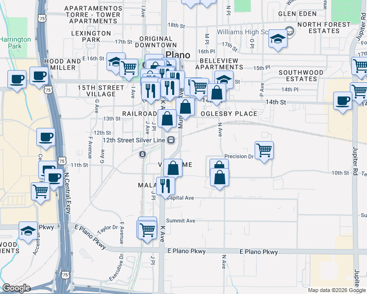 map of restaurants, bars, coffee shops, grocery stores, and more near 1202 Municipal Avenue in Plano