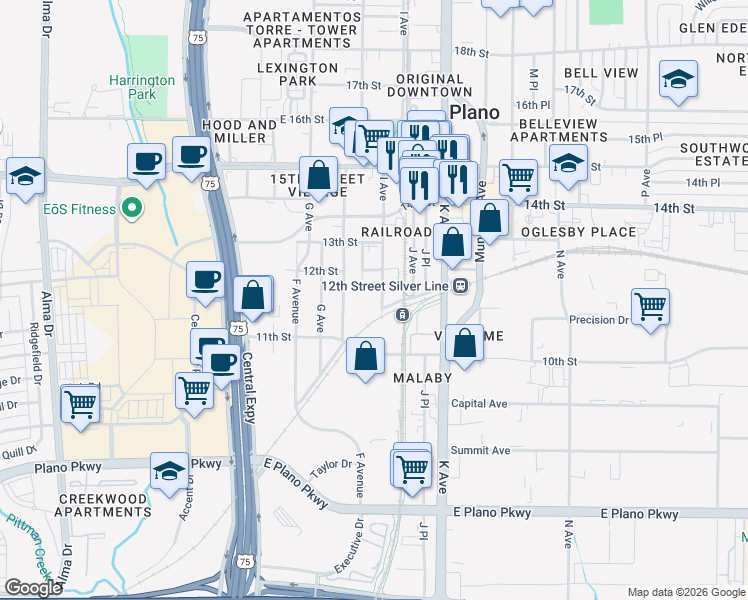 map of restaurants, bars, coffee shops, grocery stores, and more near 1105 I Avenue in Plano