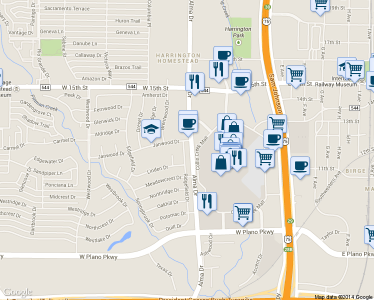 map of restaurants, bars, coffee shops, grocery stores, and more near 1021 Ridgefield Drive in Plano