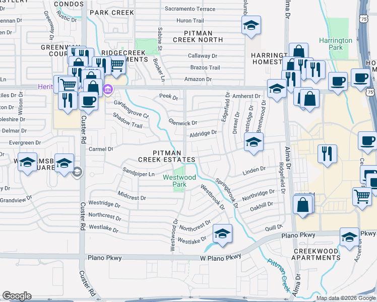 map of restaurants, bars, coffee shops, grocery stores, and more near 1108 Westwood Drive in Plano