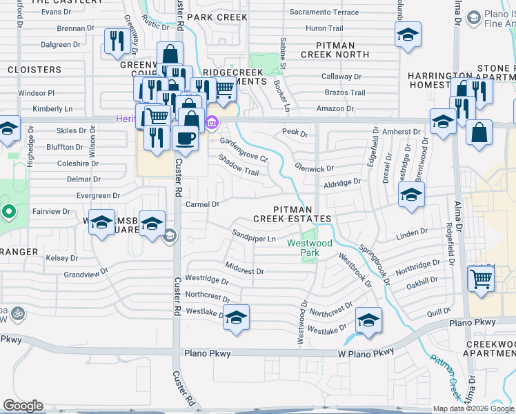 map of restaurants, bars, coffee shops, grocery stores, and more near 1900 Carmel Drive in Plano
