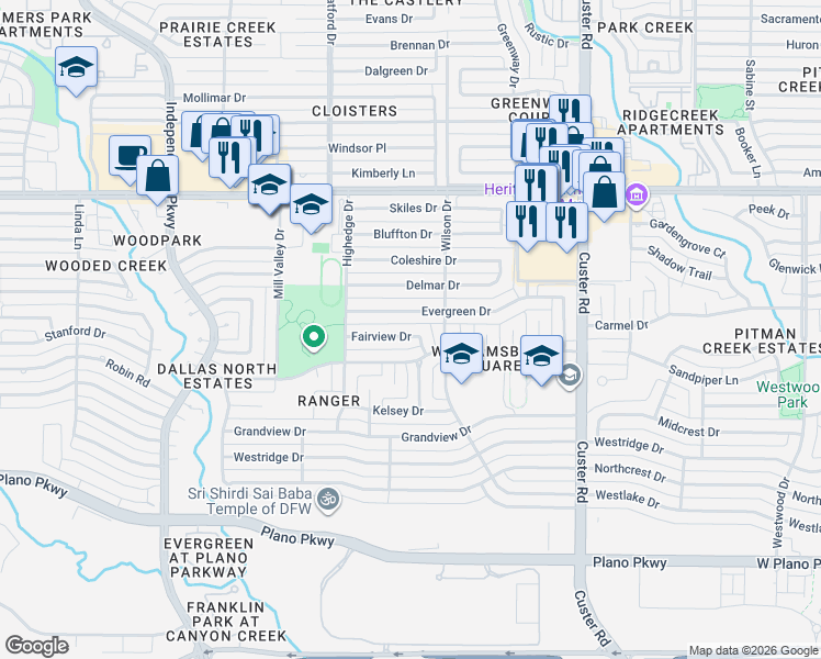 map of restaurants, bars, coffee shops, grocery stores, and more near 2425 Fairview Drive in Plano