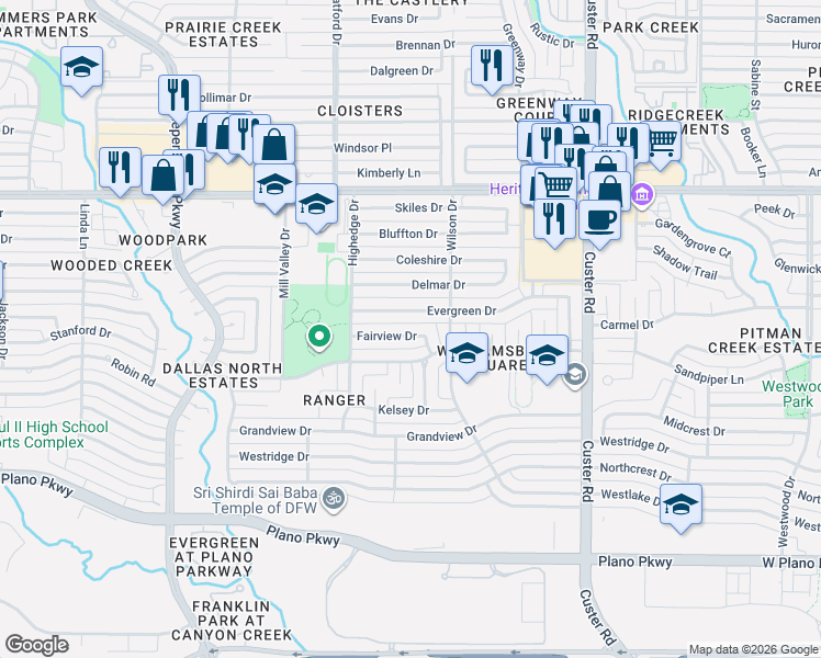 map of restaurants, bars, coffee shops, grocery stores, and more near 2425 Fairview Drive in Plano