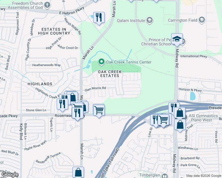 map of restaurants, bars, coffee shops, grocery stores, and more near 3711 Poplar Court in Carrollton