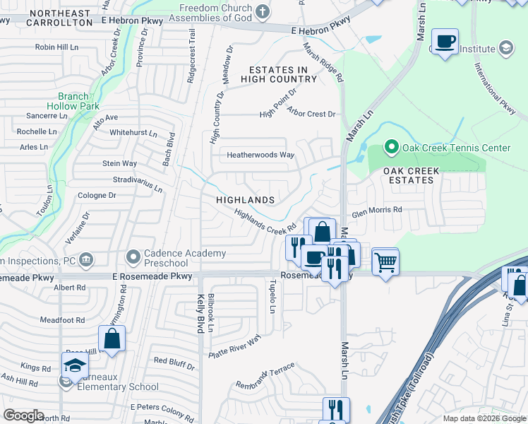 map of restaurants, bars, coffee shops, grocery stores, and more near 2314 Aberdeen Bend in Carrollton