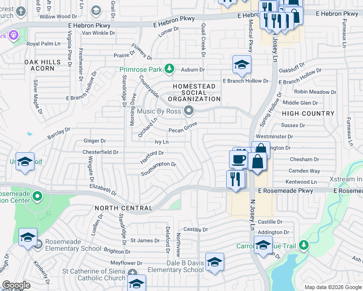 map of restaurants, bars, coffee shops, grocery stores, and more near 3821 Cemetery Hill Road in Carrollton