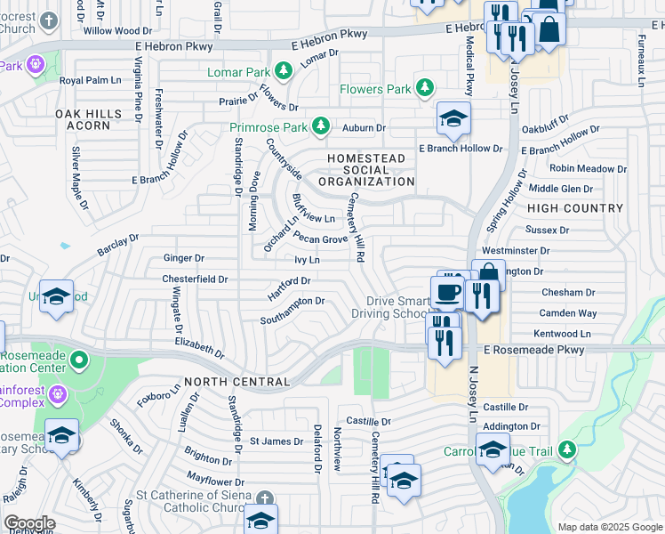 map of restaurants, bars, coffee shops, grocery stores, and more near 1738 Ivy Lane in Carrollton