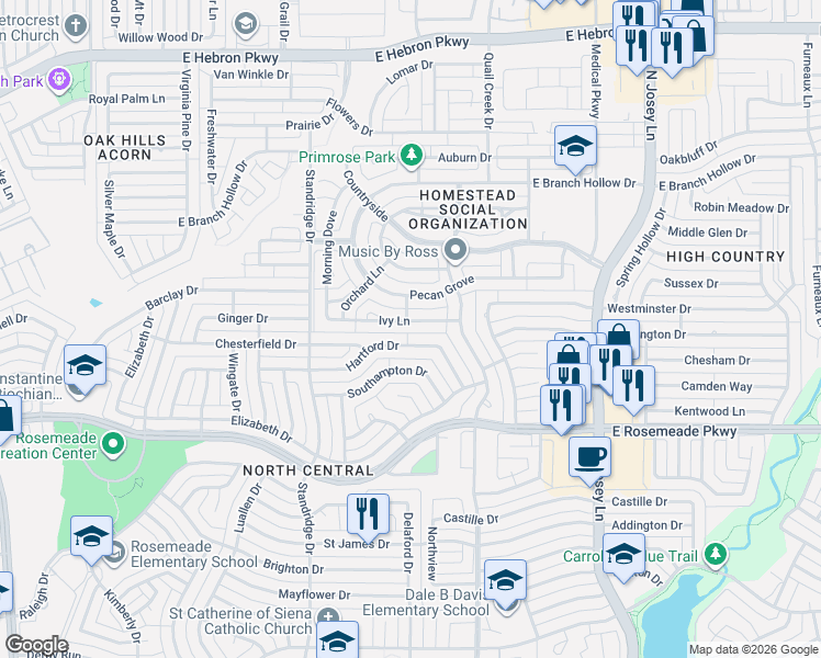 map of restaurants, bars, coffee shops, grocery stores, and more near 1738 Ivy Lane in Carrollton