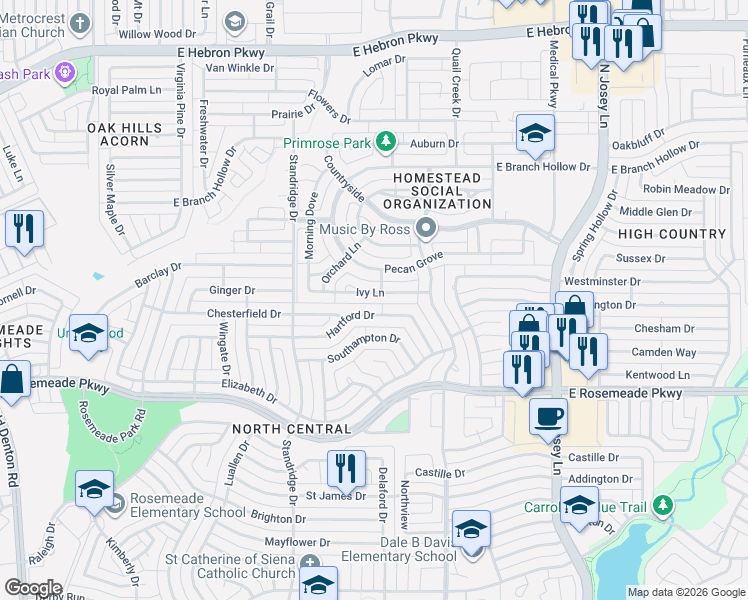 map of restaurants, bars, coffee shops, grocery stores, and more near 1720 Ivy Lane in Carrollton
