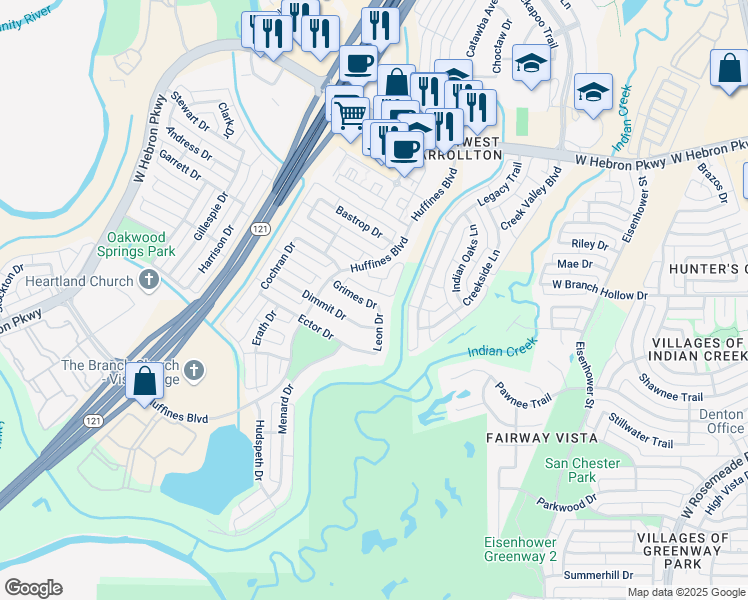 map of restaurants, bars, coffee shops, grocery stores, and more near 1408 Grimes Drive in Carrollton