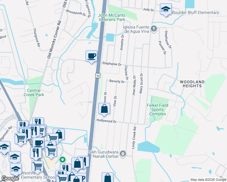 map of restaurants, bars, coffee shops, grocery stores, and more near 231 Vine Street in Goose Creek