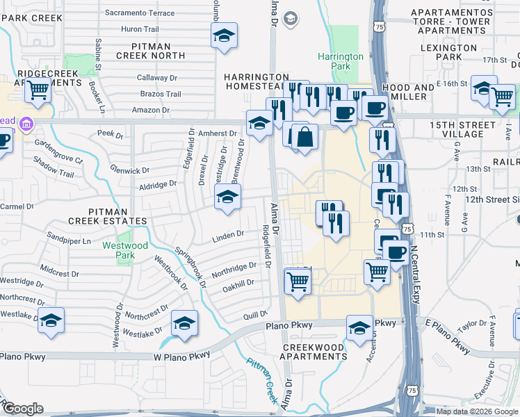 map of restaurants, bars, coffee shops, grocery stores, and more near 1021 Ridgefield Dr in Plano