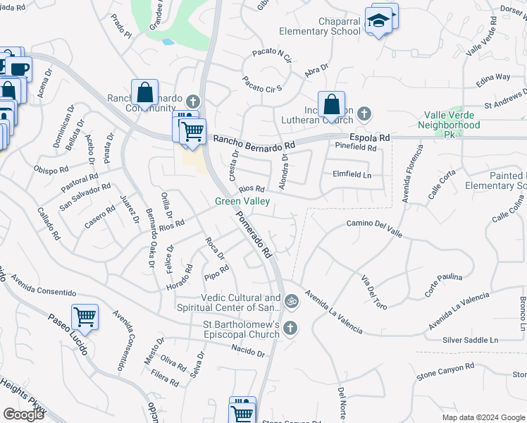 map of restaurants, bars, coffee shops, grocery stores, and more near 16555 Caminito Vecinos in San Diego